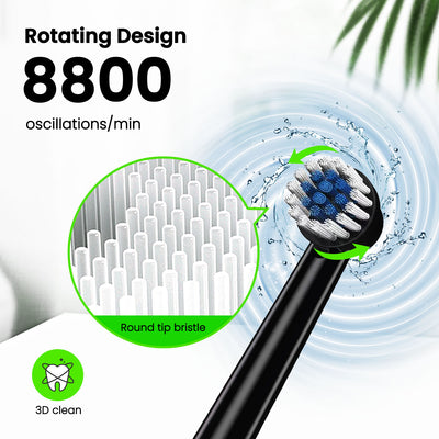 Fairywill Rotating Electric Toothbrush for Adults, Rechargeable Spin Ultrasonic Toothbrush with TYPE-A Charging,4 Brush Heads, Black