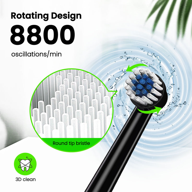 Fairywill Rotating Electric Toothbrush for Adults, Rechargeable Spin Ultrasonic Toothbrush with TYPE-A Charging,4 Brush Heads, Black