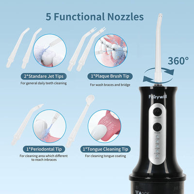 Fairywill Water Dental Flosser Cordless for Teeth: Portable Oral Irrigator Rechargeable Collapsible Travel Teeth Cleaner, 5 Modes with DIY, 6 Jet Tips, IPX7 Waterproof for Teeth Cleaning