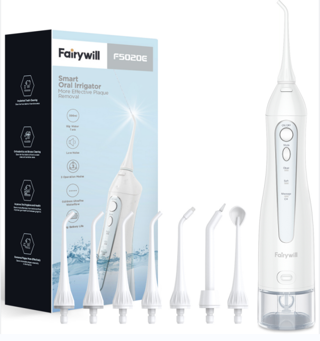 Fairywill Cordless Water Flosser with 8 Jet Tips, Portable Oral Irrigator Teeth Cleaner, 300ML Rechargeable Electric Flossing for Travel & Home,3 Modes,White