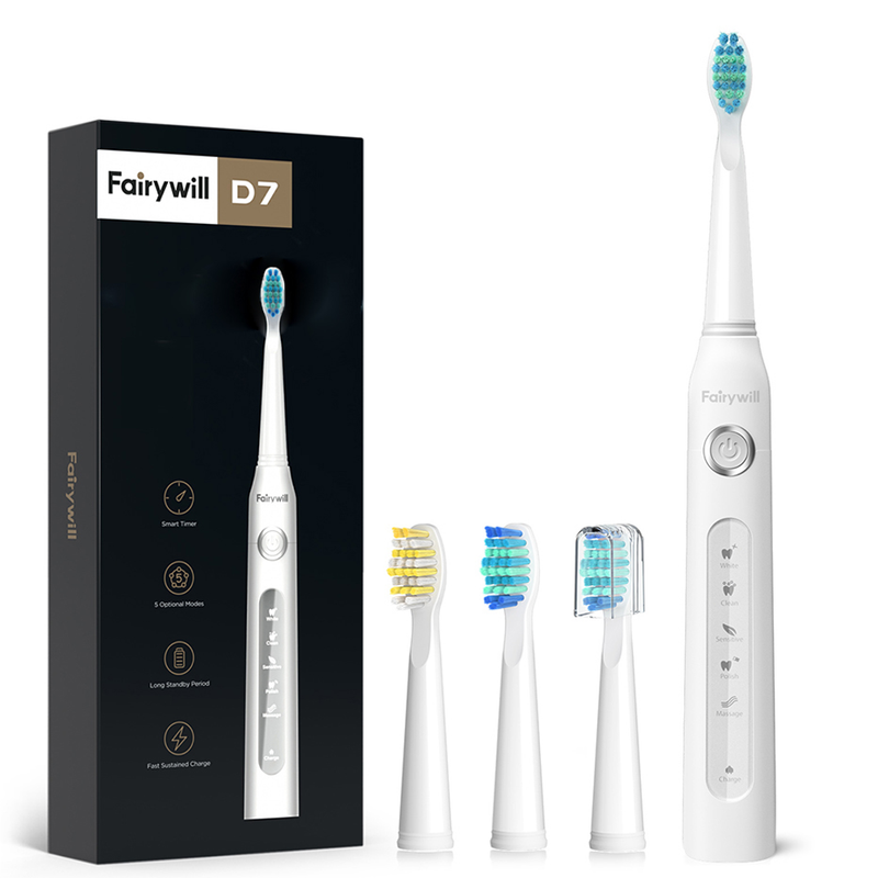 Fairywill Sonic Electric Toothbrush,Power Toothbrushes with 4 Rechargeable Brush Heads,IPX7 Waterproof 5Modes 30Days Battery Life Suitable for Short Business Trips,White