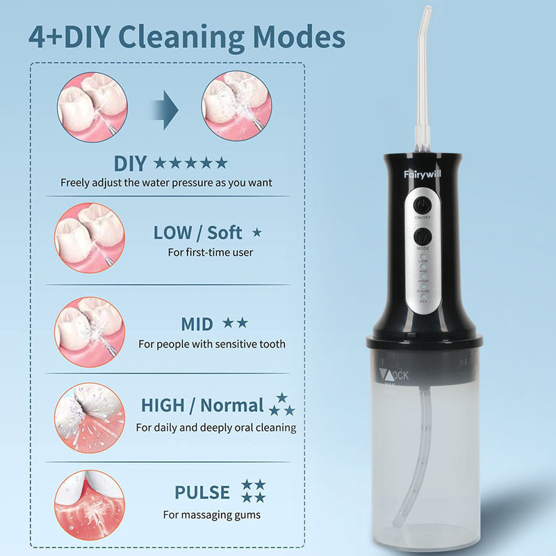 Fairywill Water Dental Flosser Cordless for Teeth: Portable Oral Irrigator Rechargeable Collapsible Travel Teeth Cleaner, 5 Modes with DIY, 6 Jet Tips, IPX7 Waterproof for Teeth Cleaning