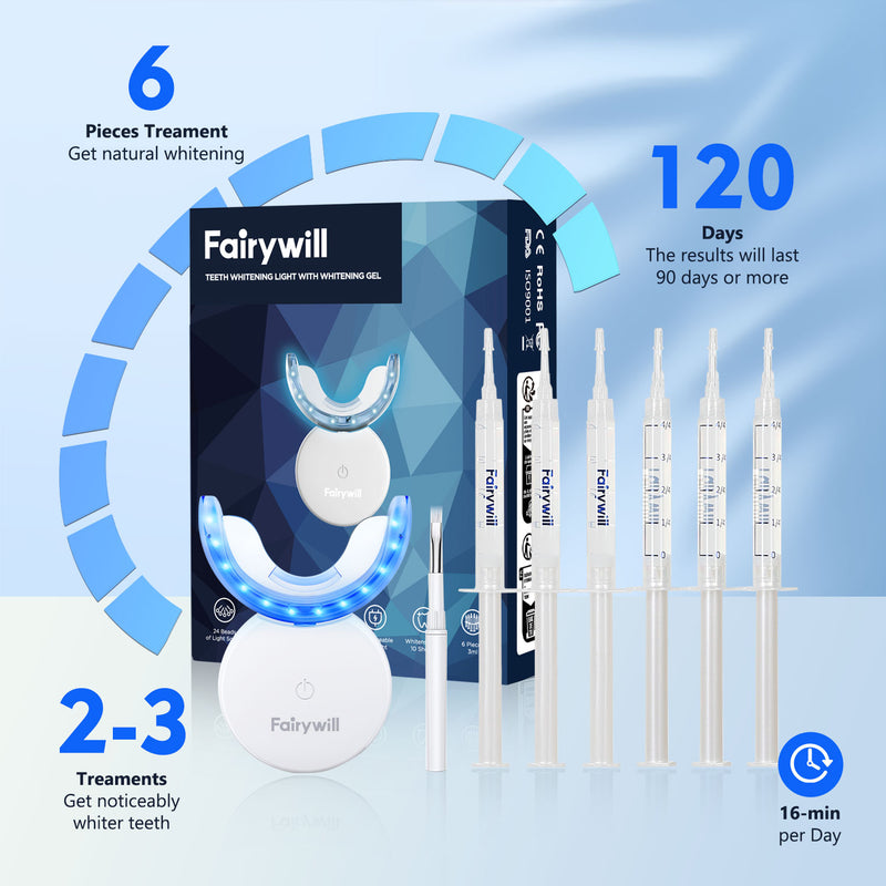 Fairywill Teeth Whitening Kit,24 Blue LED Light with 6*3ml 22% Carbamide Peroxide Teeth Whiten Gel, Built-in timer Gentle and Non-irritating Whiter, Suitable for Beginners or Sensitive Teeth