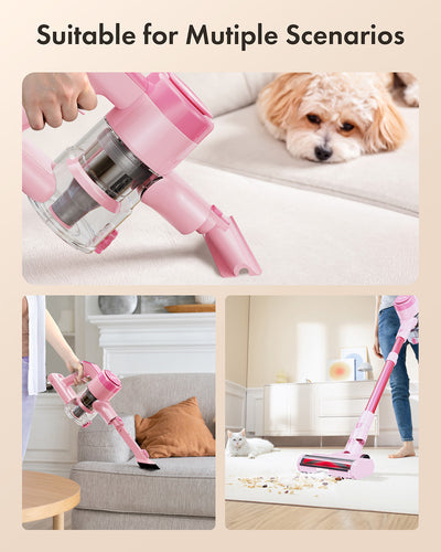 Homeika Cordless Vacuum Cleaner, 300W 23KPa Powerful Suction Vacuum with LED Display, 3 Suction, 48mins Runtime, Lightweight Stick Cleaner with Sofa Brush for Hard Floor/Carpet/Pet Hair/Car, Pink