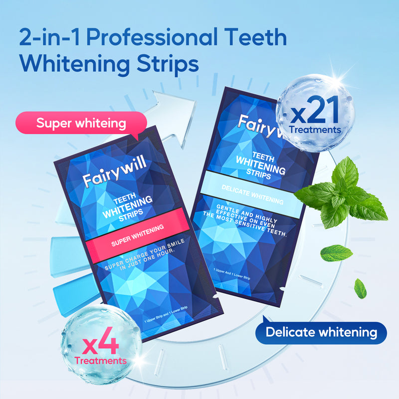 Fairywill Teeth Whitening Strip Kits,21 Sensitive and 4 Super Whitenings, 50pcs Strips Available 25Treatments,Effective Removes Stains, Non-Slip Whiter Gentle and Safe