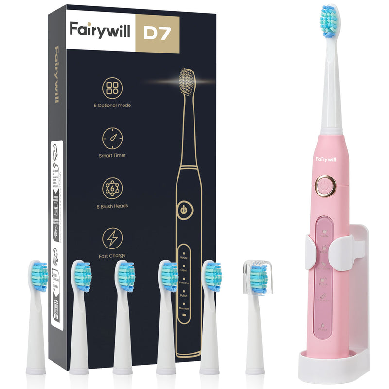 Fairywill Sonic Electric Toothbrush,Power Toothbrushes with 6 Rechargeable Brush Heads,IPX7 Waterproof 5Modes 30Days Battery Life Suitable for Short Business Trips,Pink