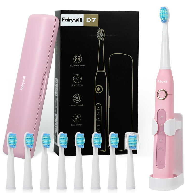 Fairywill Electric Toothbrush for Adults,Whitening Sonic Toothbrush,8pcs "W" Dupont Brush Heads,Equipped with Box and Handle,Convenient Storage and Travel,Pink