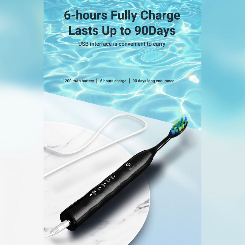 Fairywill Ultrasonic Electric Toothbrushes, Rechargeable Toothbrush for Adults and Kids, Travel Toothbrush with 5 Modes, 4H Charge for 30 Days Use, 5 Heads and 2 Minutes Build in Smart Timer, Black