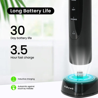 Fairywill Rotating Electric Toothbrush for Adults, Rechargeable Spin Ultrasonic Toothbrush with TYPE-A Charging,4 Brush Heads, Black