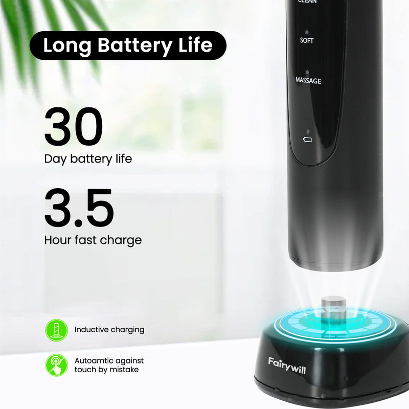 Fairywill Rotating Electric Toothbrush for Adults, Rechargeable Spin Ultrasonic Toothbrush with TYPE-A Charging,4 Brush Heads, Black