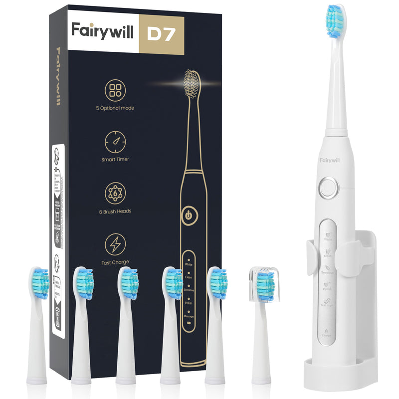 Fairywill Sonic Electric Toothbrush,Power Toothbrushes with 6 Rechargeable Brush Heads,IPX7 Waterproof 5Modes 30Days Battery Life Suitable for Short Business Trips,White