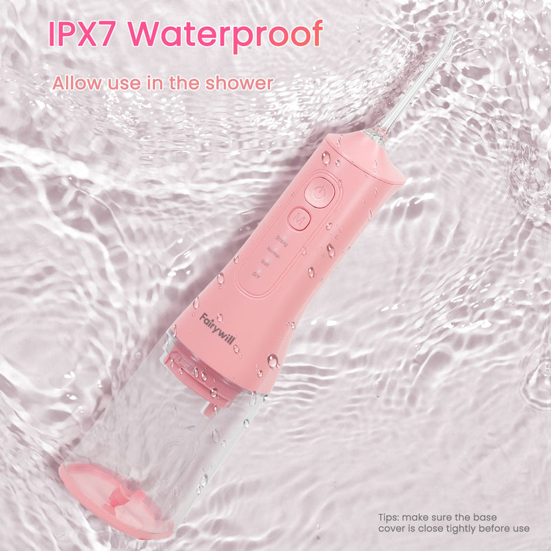 Fairywill Cordless Water Flosser, Dental Oral Irrigator 300ML Electric Teeth Cleaner, 4 Modes, 50 Days Use, IPX7 Waterproof, 6 Tips Rechargeable Water Dental Picks for Teeth Cleaning, Pink