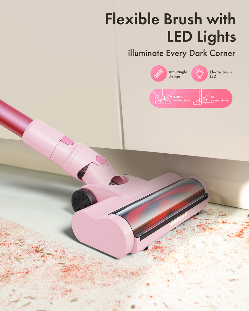 Homeika Cordless Vacuum Cleaner, 300W 23KPa Powerful Suction Vacuum with LED Display, 3 Suction, 48mins Runtime, Lightweight Stick Cleaner with Sofa Brush for Hard Floor/Carpet/Pet Hair/Car, Pink