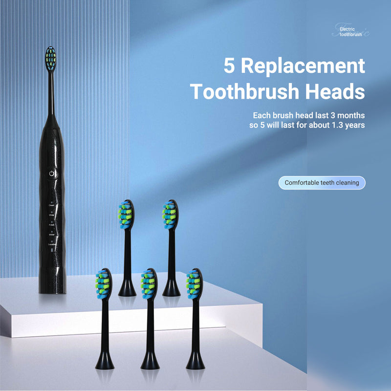 Fairywill Ultrasonic Electric Toothbrushes, Rechargeable Toothbrush for Adults and Kids, Travel Toothbrush with 5 Modes, 4H Charge for 30 Days Use, 5 Heads and 2 Minutes Build in Smart Timer, Black