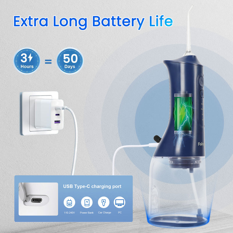 Fairywill Cordless Water Flosser, Dental Oral Irrigator 300ML Electric Teeth Cleaner, 4 Modes, 50 Days Use, IPX7 Waterproof, 6 Tips Rechargeable Water Dental Picks for Teeth Cleaning, Blue