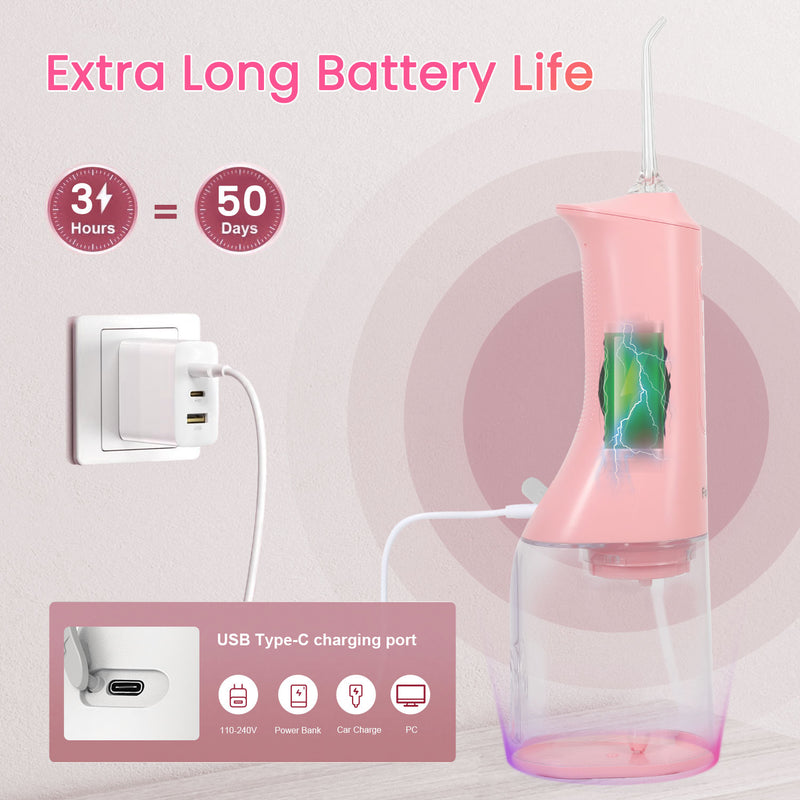 Fairywill Cordless Water Flosser, Dental Oral Irrigator 300ML Electric Teeth Cleaner, 4 Modes, 50 Days Use, IPX7 Waterproof, 6 Tips Rechargeable Water Dental Picks for Teeth Cleaning, Pink