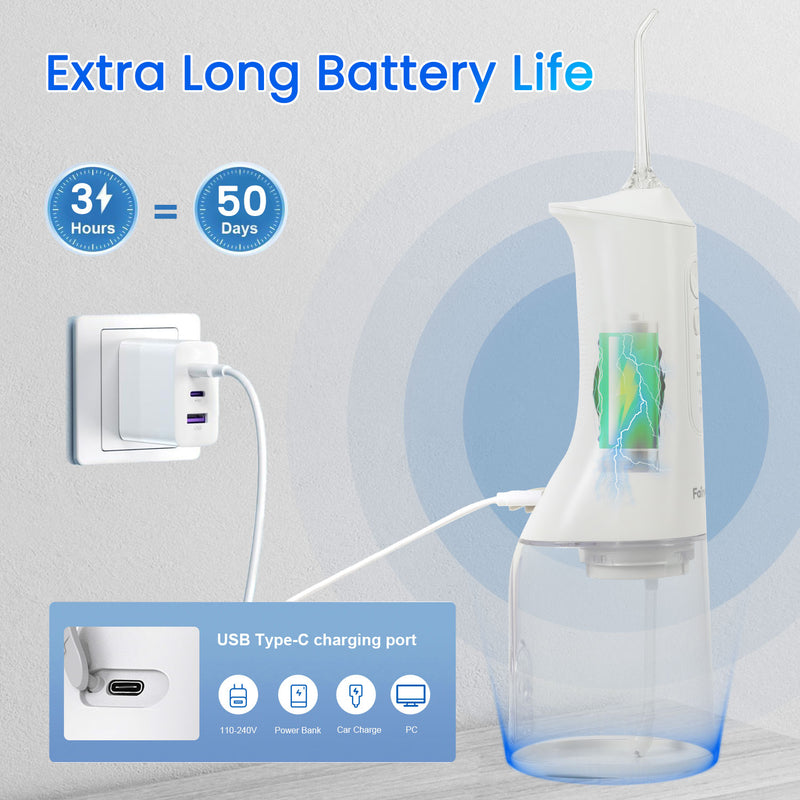 Fairywill Cordless Water Flosser, Dental Oral Irrigator 300ML Electric Teeth Cleaner, 4 Modes, 50 Days Use, IPX7 Waterproof, 6 Tips Rechargeable Water Dental Picks for Teeth Cleaning, White