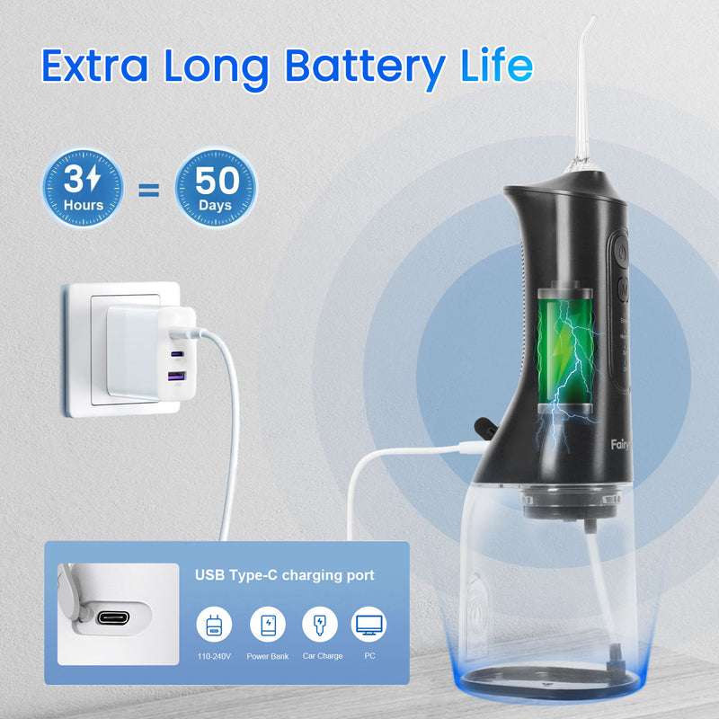 Fairywill Cordless Water Flosser, Dental Oral Irrigator 300ML Electric Teeth Cleaner, 4 Modes, 50 Days Use, IPX7 Waterproof, 6 Tips Rechargeable Water Dental Picks for Teeth Cleaning, Black