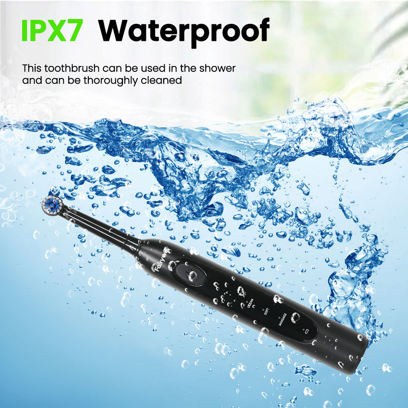 Fairywill Rotating Electric Toothbrush for Adults, Rechargeable Spin Ultrasonic Toothbrush with TYPE-A Charging,4 Brush Heads, Black