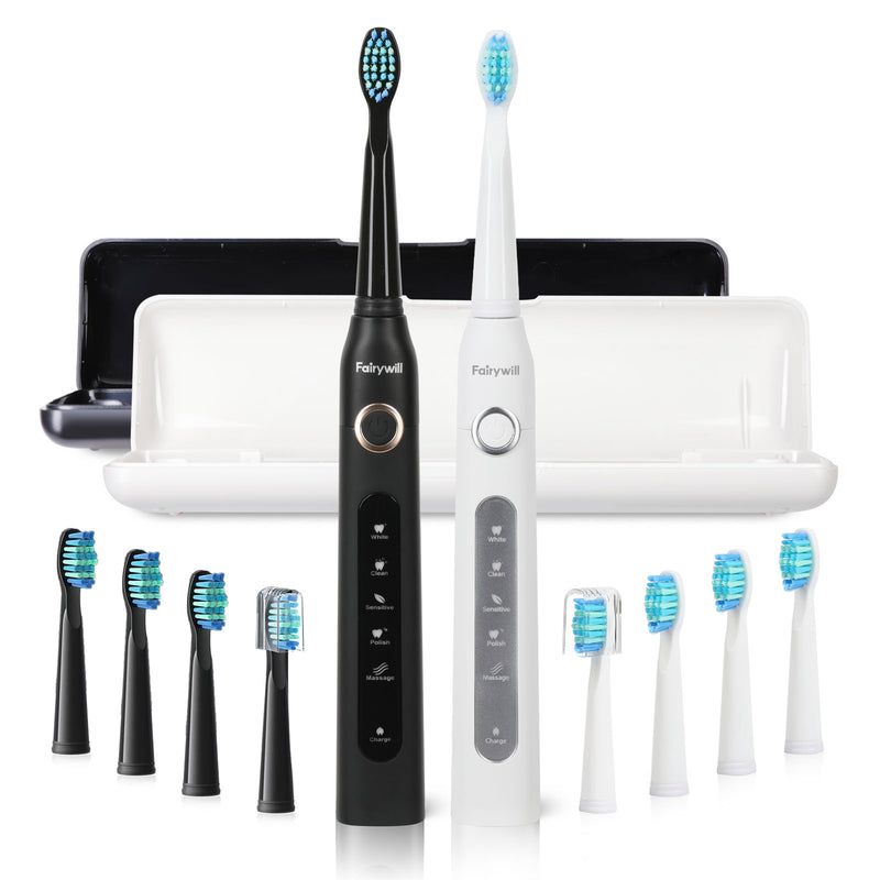 Fairywill 2Packs Electric Toothbrush for Adult,Sonic Toothbrushs Set with 2 Travel Case 5 Modes 8 Replaceable Heads 2 Minutes Smart Timer IPX7 Waterproof,Black & White