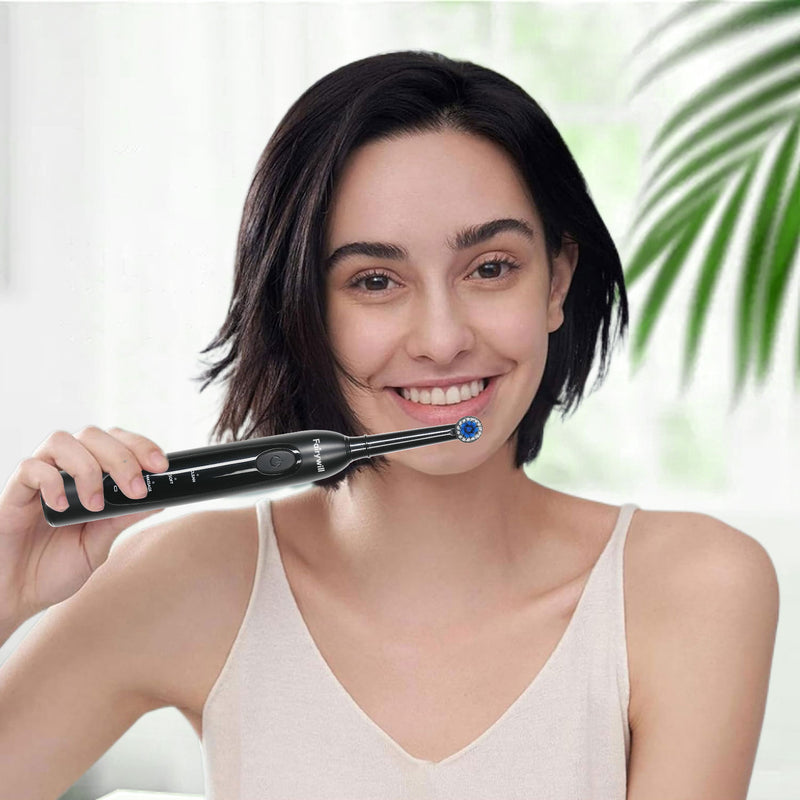 Fairywill Rotating Electric Toothbrush for Adults, Rechargeable Spin Ultrasonic Toothbrush with TYPE-A Charging,4 Brush Heads, Black