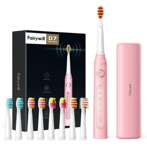 Fairywill Ultrasonic Electric Toothbrush for Adults , Rechargeable Whitening Sonic Toothbrush with 8 Duponts Brush Heads 5 Modes , Waterproof