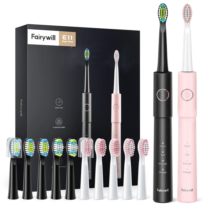 Fairywill Dual Ultrasonic Electric Toothbrushes with 5 Modes, Ultra Powerful Rechargeable Sonic Toothbrushes with 40000 VPM, 10 Brush Heads, Smart Timer, 2H Fast Charge for 30 Days, Black & Pink