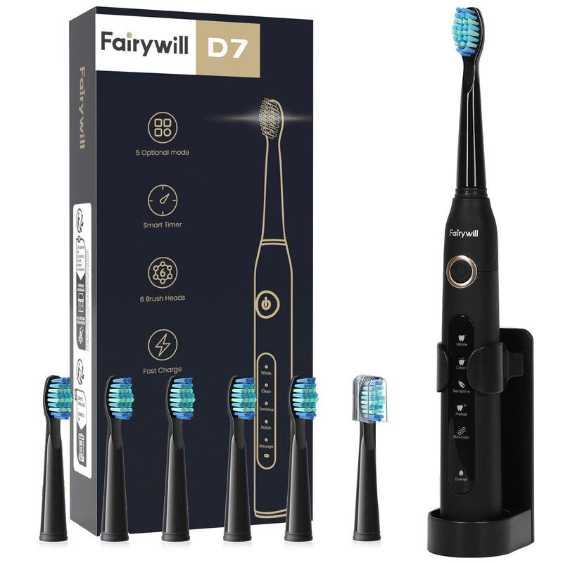 Fairywill Sonic Electric Toothbrush, Rechargeable Toothbrushes Power ToothBrush with 6 Brush Heads, 5 Modes and 2 Minutes Build in Smart Timer, Black