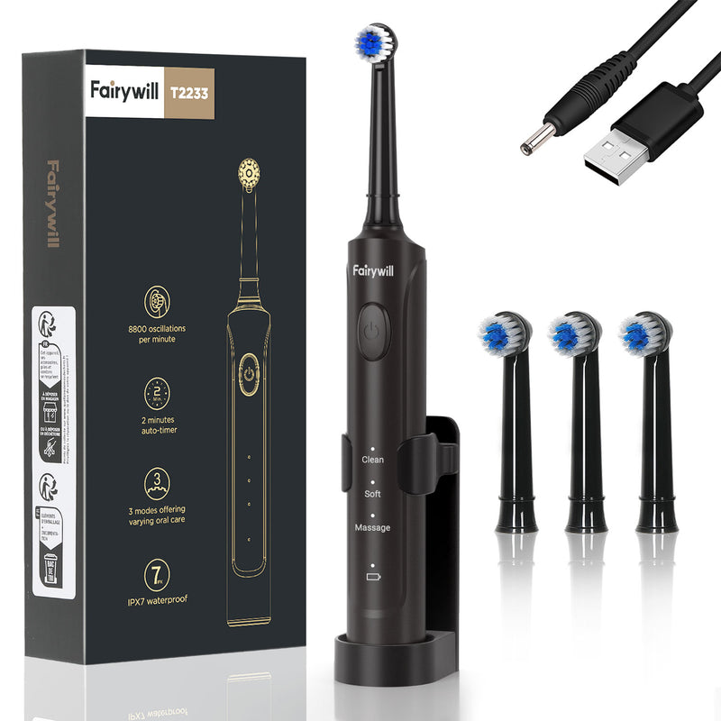 Fairywill Rotating Electric Toothbrush for Adults, Rechargeable Spin Ultrasonic Toothbrush with USB Charging Base,4 Brush Heads, Black