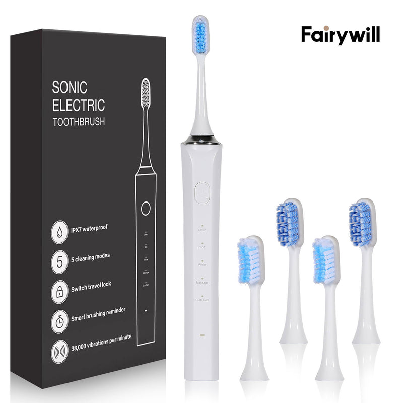 Fairywill Electric Toothbrush, Upgrade Magnetic Levitation Sonic Toothbrush, Rechargeable Power Toothrush with 4 Brush Heads, 5 Modes, 2 Mins Smart Timer, Tongue Cleaner and Travel Lock Design, White