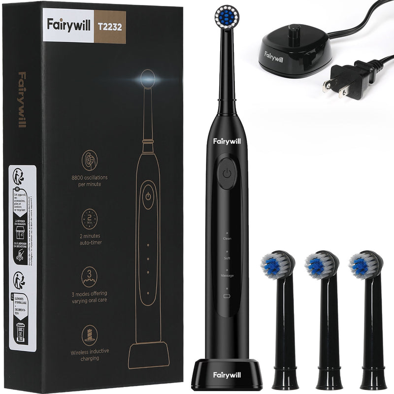 Fairywill Rotating Electric Toothbrush for Adults, Rechargeable Spin Ultrasonic Toothbrush with TYPE-A Charging,4 Brush Heads, Black