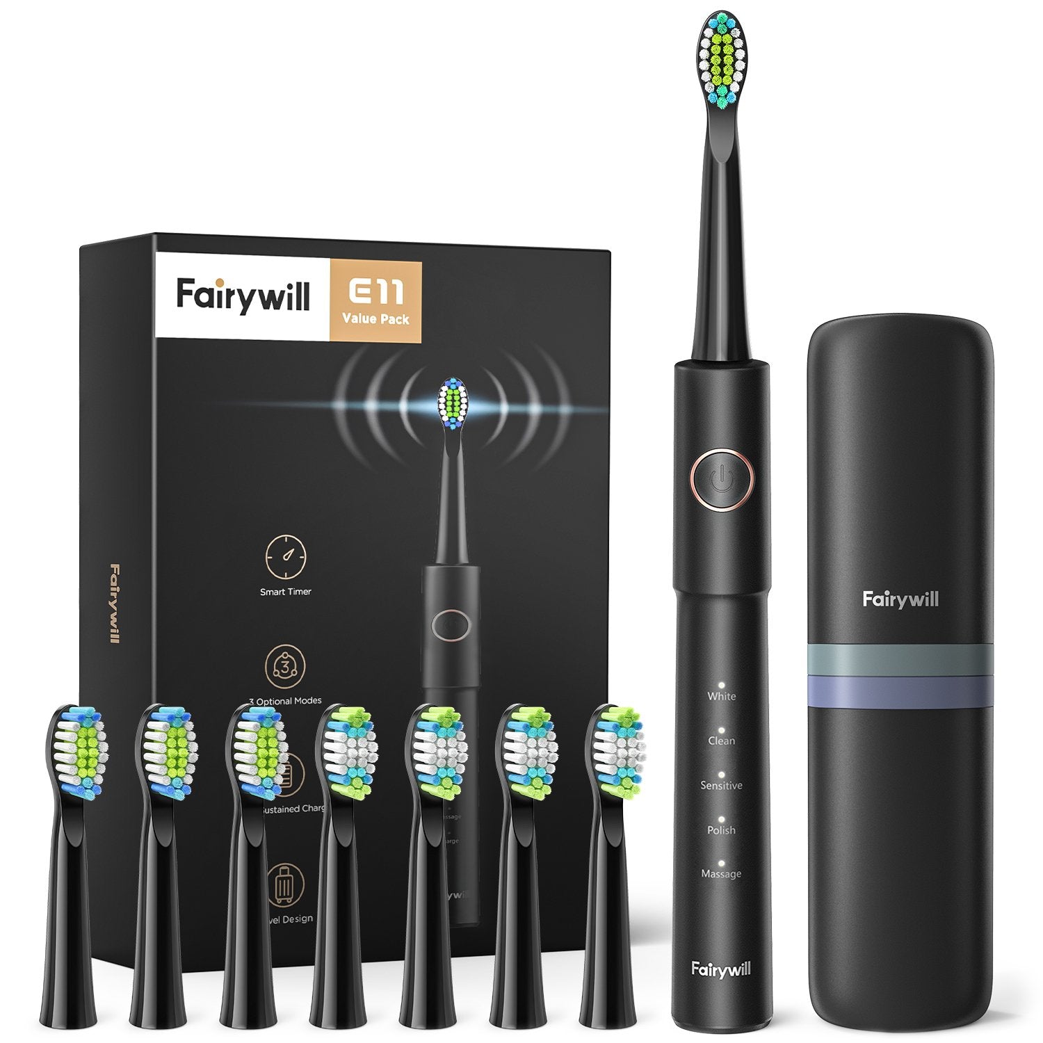 Fariywill E11 Sonic Electric Toothbrush with 8 Bursh Heads Travel Case