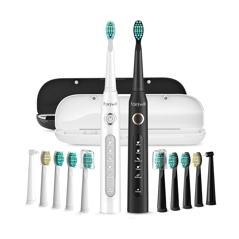 Electric Toothbrush Set Powerful Cleaning 5 Modes with 10 Brush Heads 2 Travel Cases - Fairywill