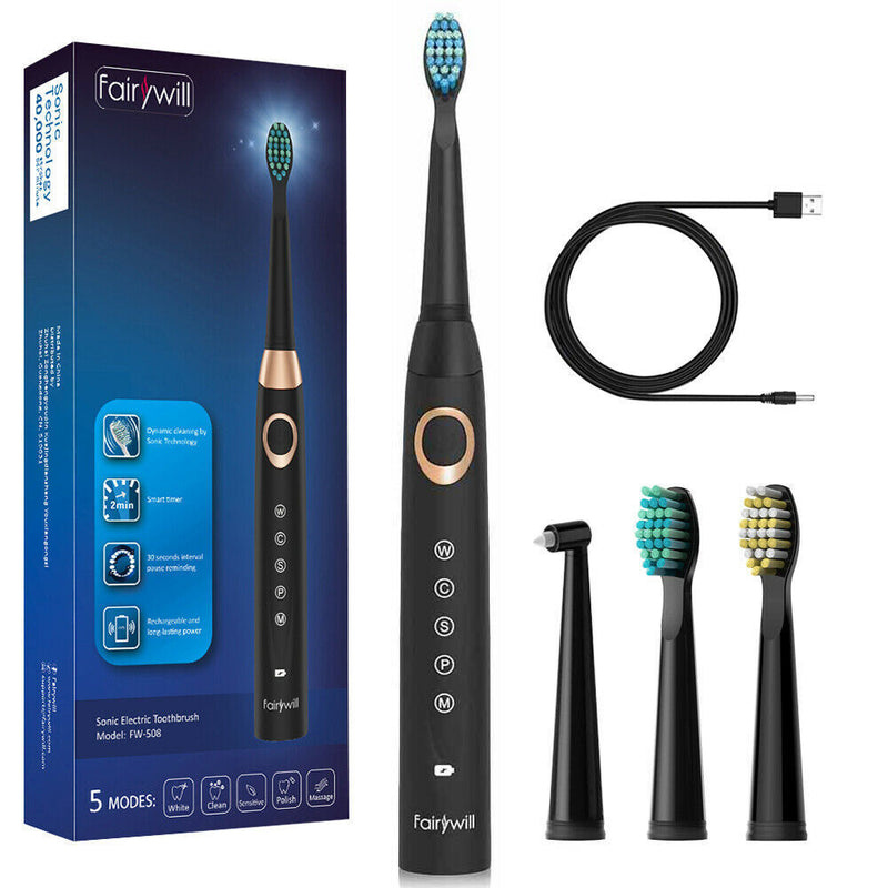 Fairywill 508 Sonic Electric Toothbrush 5 Modes IPX7 Rechargeable 4 Brush Heads