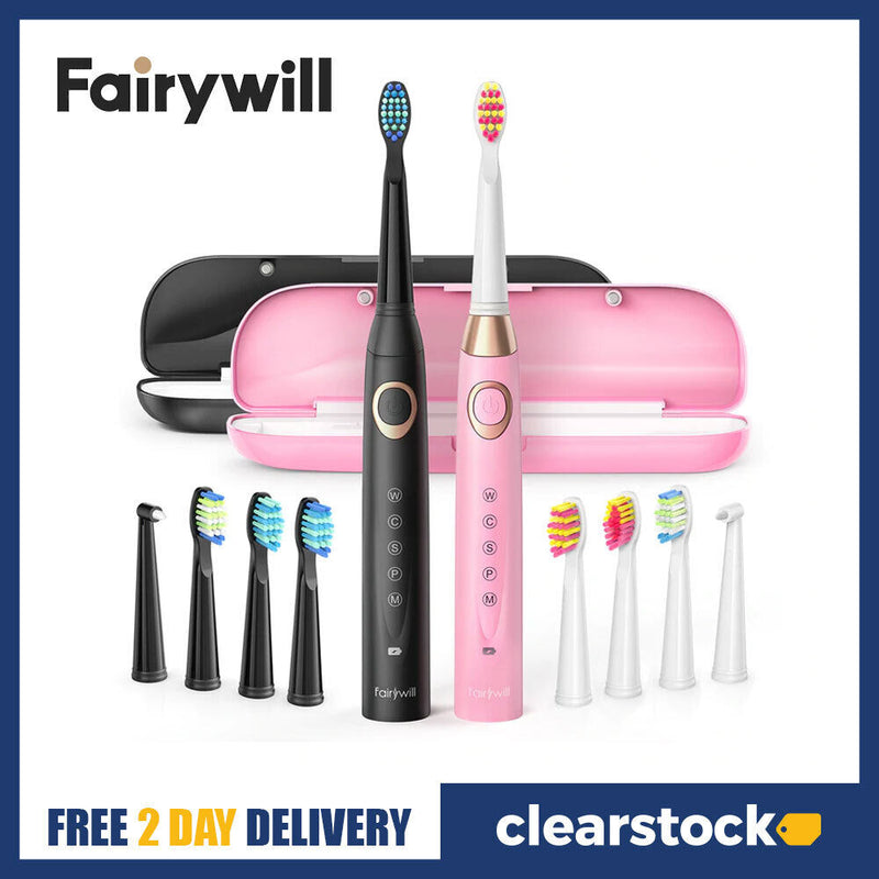 FAIRYWILL Sonic Electric Toothbrush USB Rechargeable 8 Heads Travel Case Timer