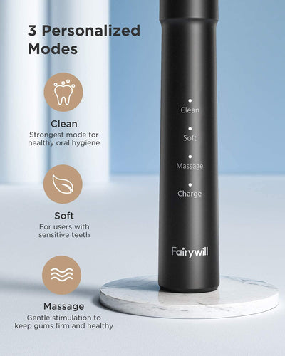 Fairywill E11 Electric Toothbrush, 3-Modes, 8 Toothbrush Heads & a Travel Case