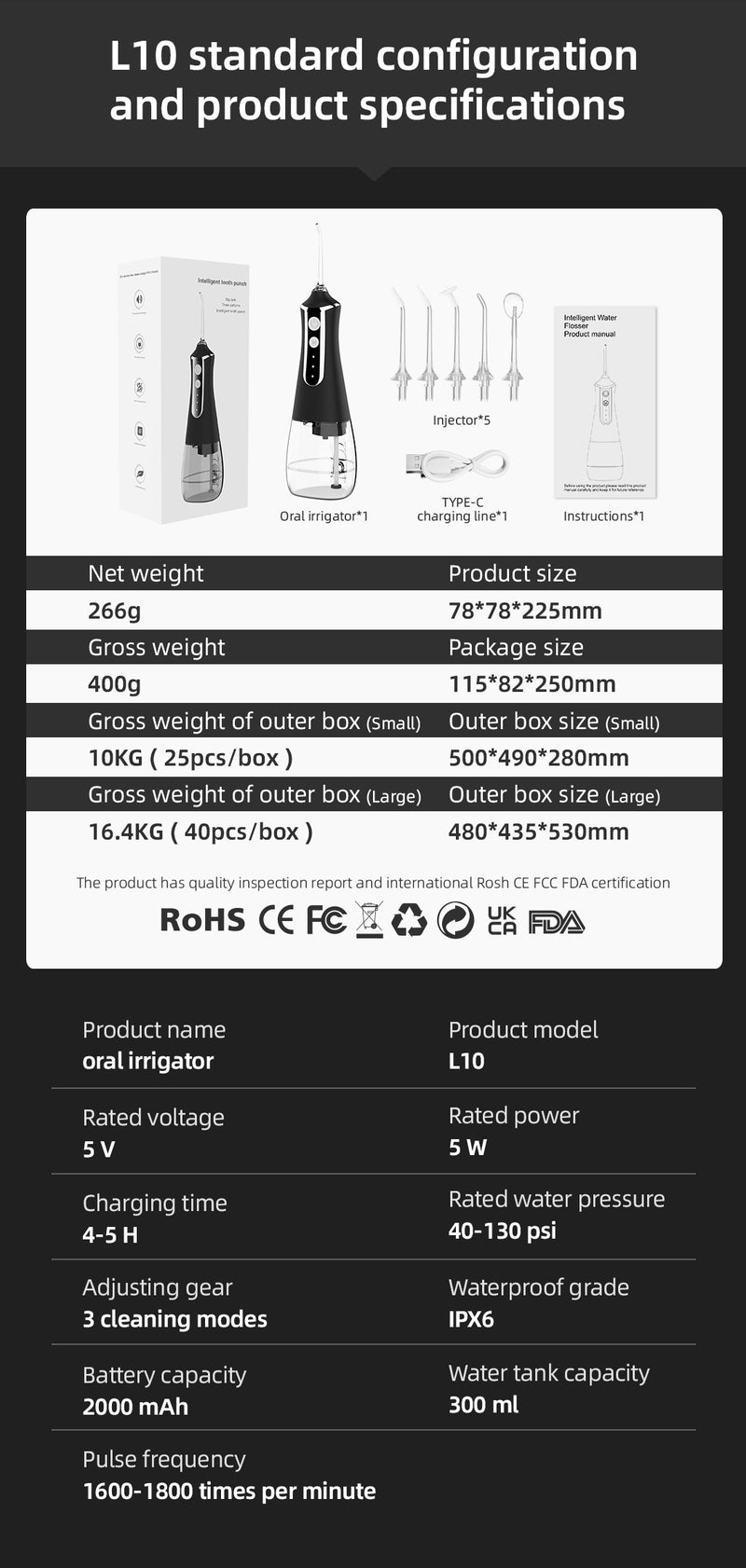Fairywill Cordless Water Flosser, Portable Oral Irrigator Teeth Cleaner with 5 Modes, 300ML Rechargeable Electric Oral Hygiene Flossing for Travel & Home, Black