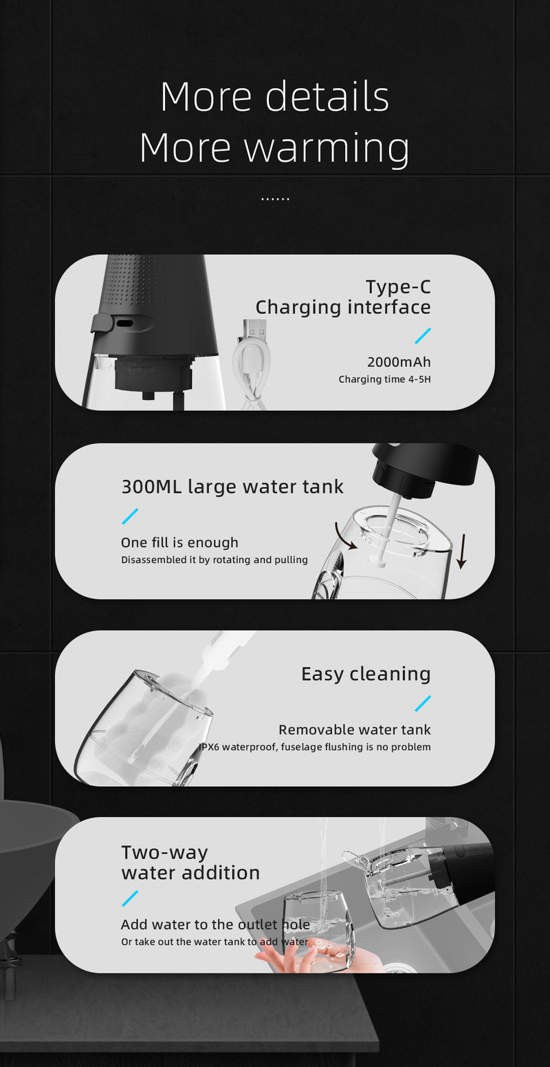 Fairywill Cordless Water Flosser, Portable Oral Irrigator Teeth Cleaner with 5 Modes, 300ML Rechargeable Electric Oral Hygiene Flossing for Travel & Home, Black