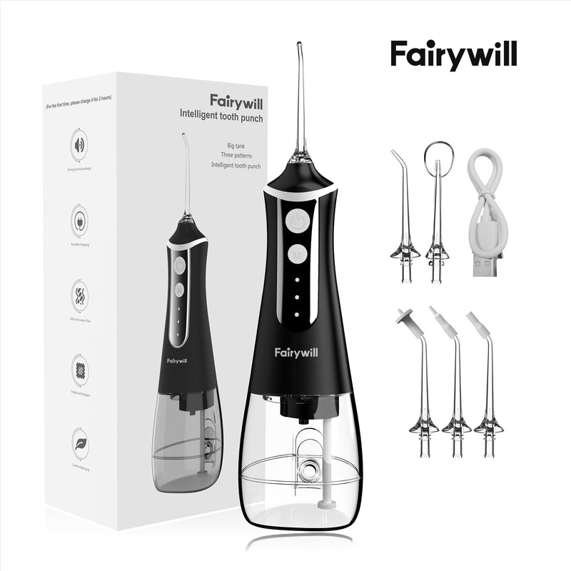 Fairywill Cordless Water Flosser, Portable Oral Irrigator Teeth Cleaner with 5 Modes, 300ML Rechargeable Electric Oral Hygiene Flossing for Travel & Home, Black