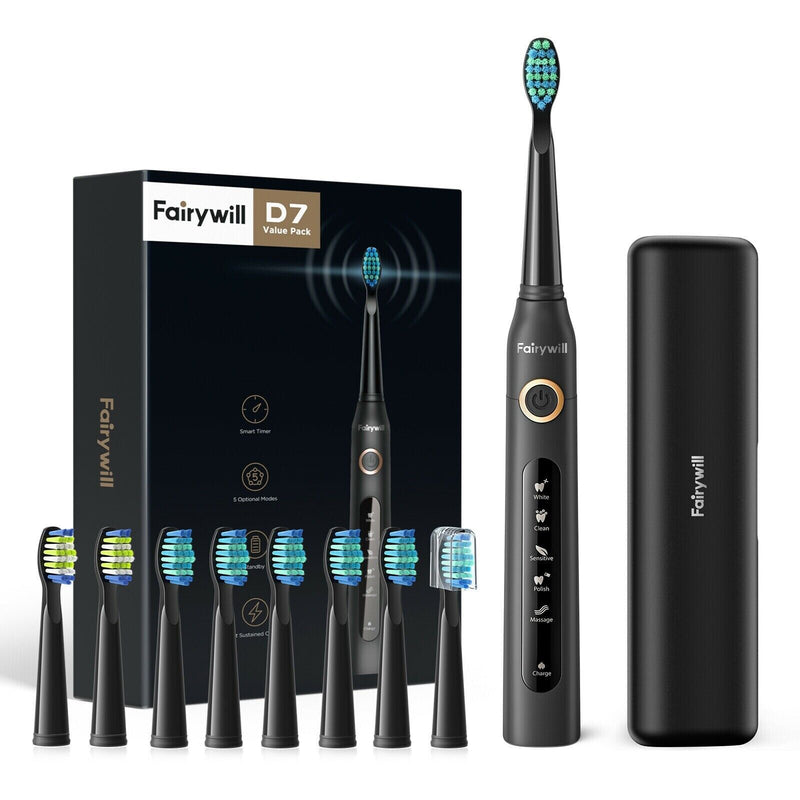 Fairywill Electric Toothbrush Black D7 8 Heads Sonic Oral with Case and USB NEW