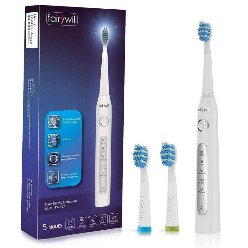 Sonic White Electric Toothbrush Rechargeable Timer 5 Modes Waterproof fairywill