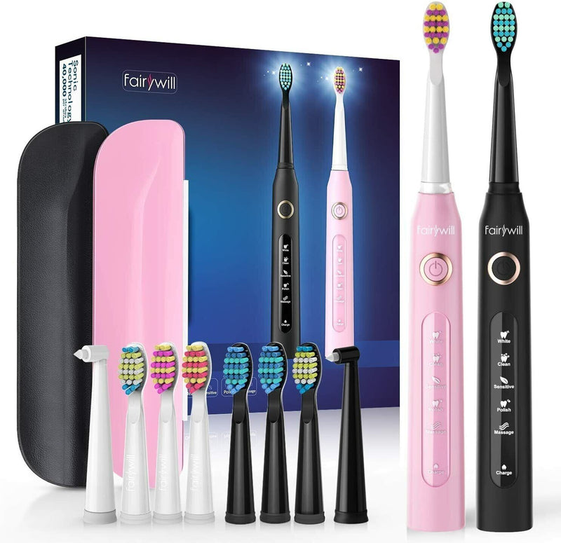 Fairywill Rechargeable Sonic Electric Toothbrush IPX7 Family Set of 2 Black&Pink