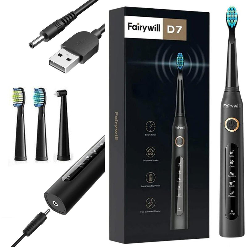 Fairywill Electric Toothbrush D7 Sonic Rechargeable 4 Heads USB IPX7 5 Modes