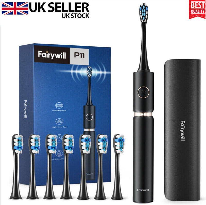 Fairywill P11 Plus Black Electric Toothbrush Rechargeable Travel Case 8 Heads UK