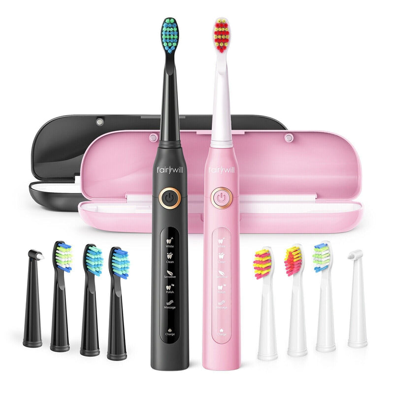 Fairywill Rechargeable Sonic Electric Toothbrush IPX7 Family Set of 2 Black&Pink