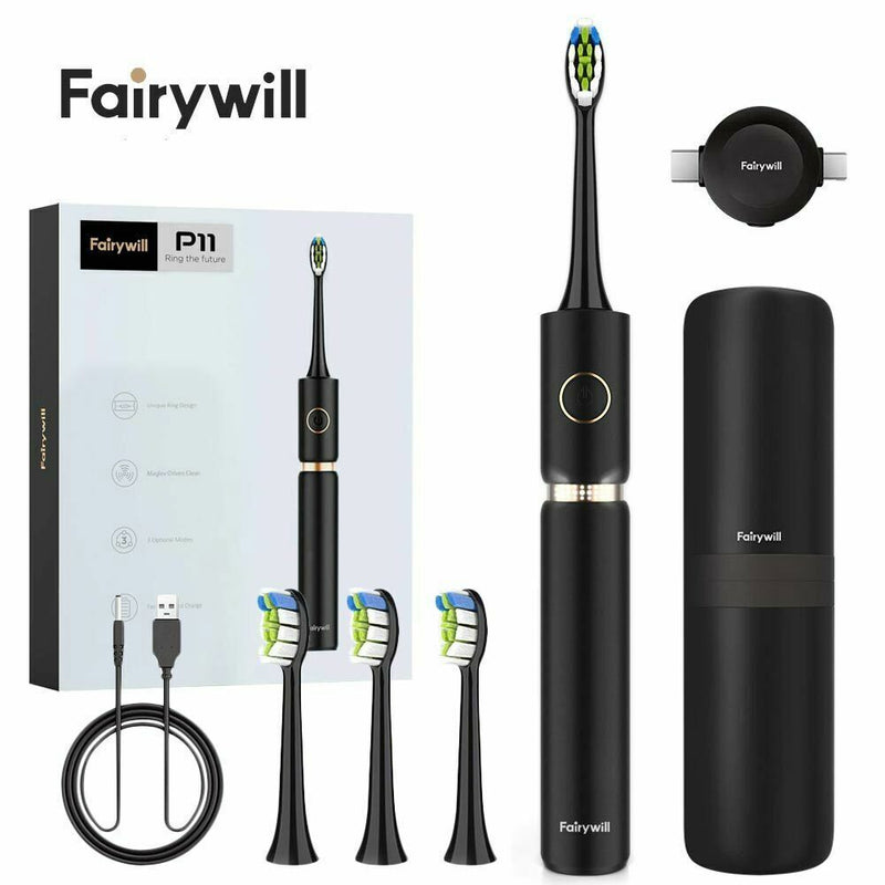 Fairywill P11 Sonic Electric Toothbrush 3 Modes 4 heads Travel Case waterproof
