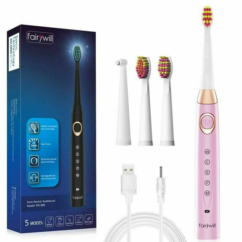 Fairywill Sonic Electric Toothbrush 5 Modes 40,000VPM 4X Heads Pink Handle IPX7