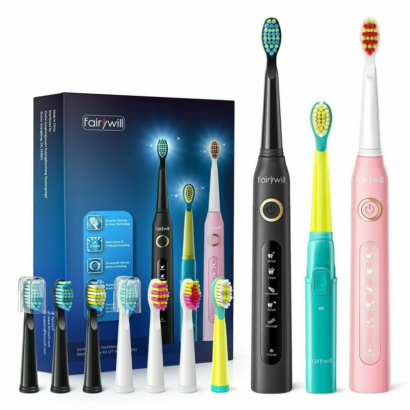 Fairywill Electric Toothbrushes Family Kit Kid Rechargeable 10 Brush Heads Timer