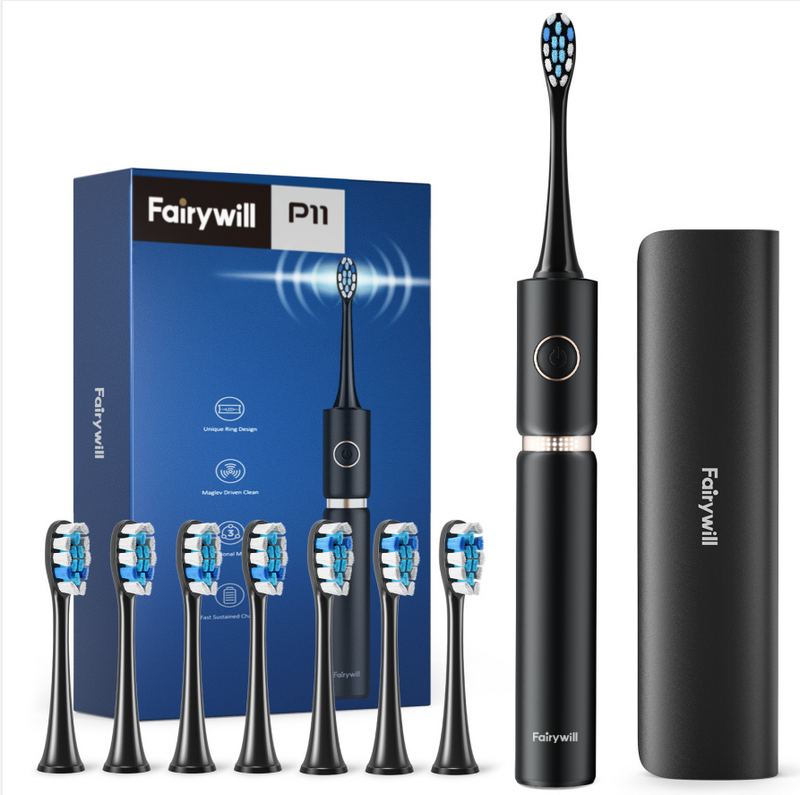 Fairywill Sonic Electric Toothbrush USB Rechargeable 8 Heads Timer + Travel Case